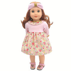 43 Doll Pink Floral Dress with Golden Trim Bodysuit Set