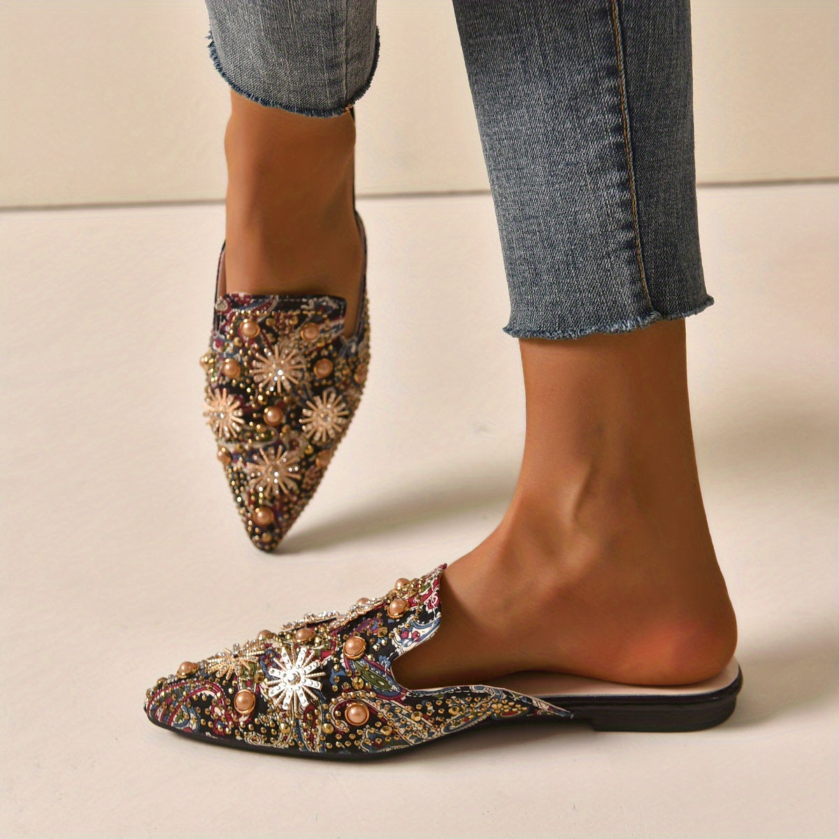 Women's Rhinestone Flat Mules Pointed Toe Slip On Shoes