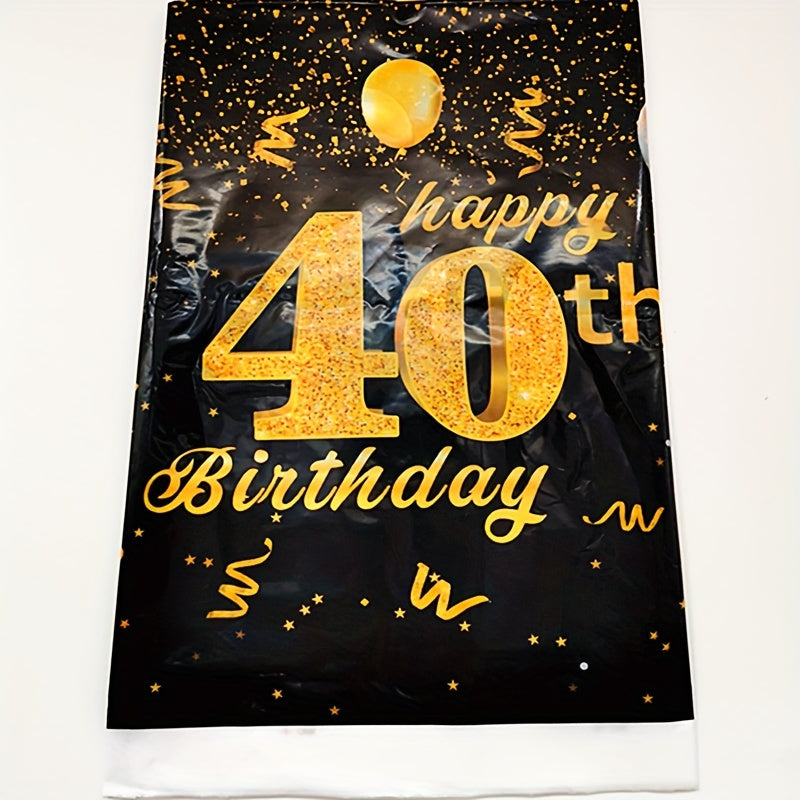 Golden Happy 40th Birthday Tablecloth With Balloons Star Print