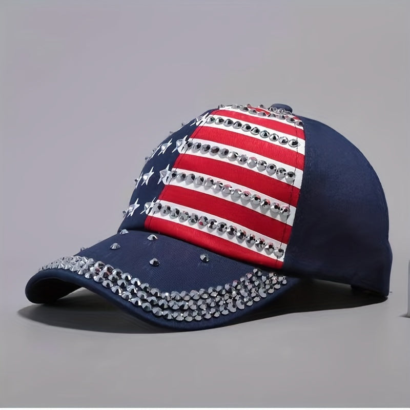 American Flag Sunshade Baseball Cap with Inlaid Diamonds
