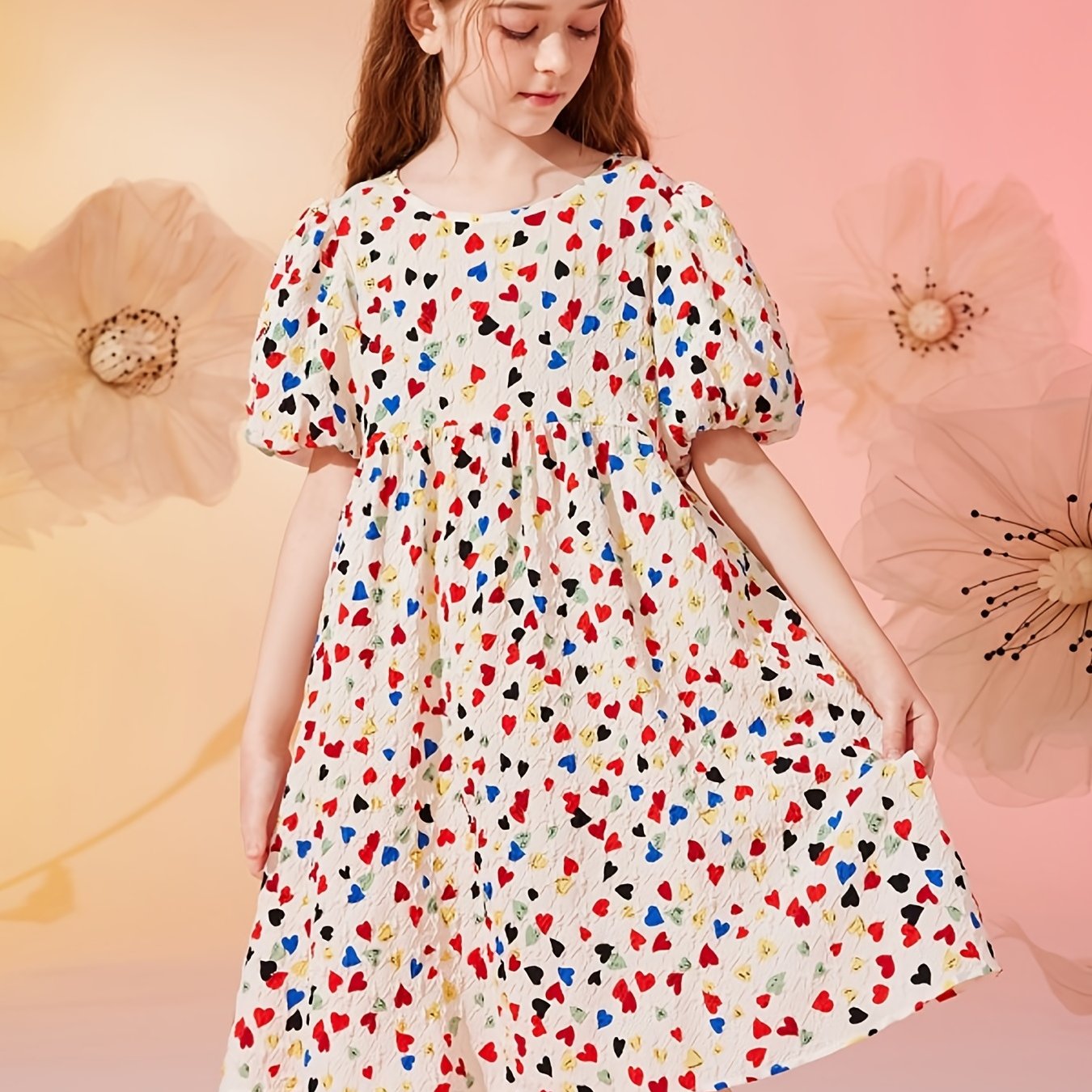 Girls Heart Print Floral Princess Dress
