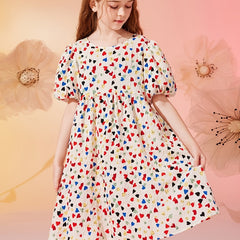 Girls Heart Print Floral Princess Dress