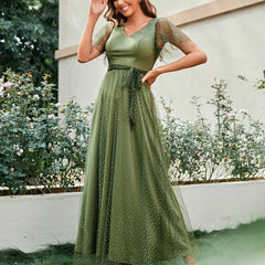 Mesh Ruffle Sleeve Maxi Dress Double Layer Wedding Guest Dresses