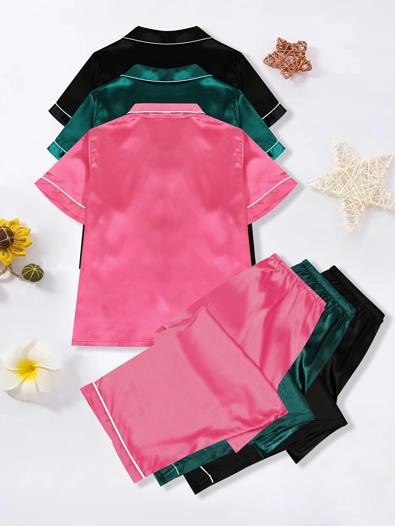 6 Pack Plus Size Pajamas Set Women's Plus Contrast Binding Short Sleeve