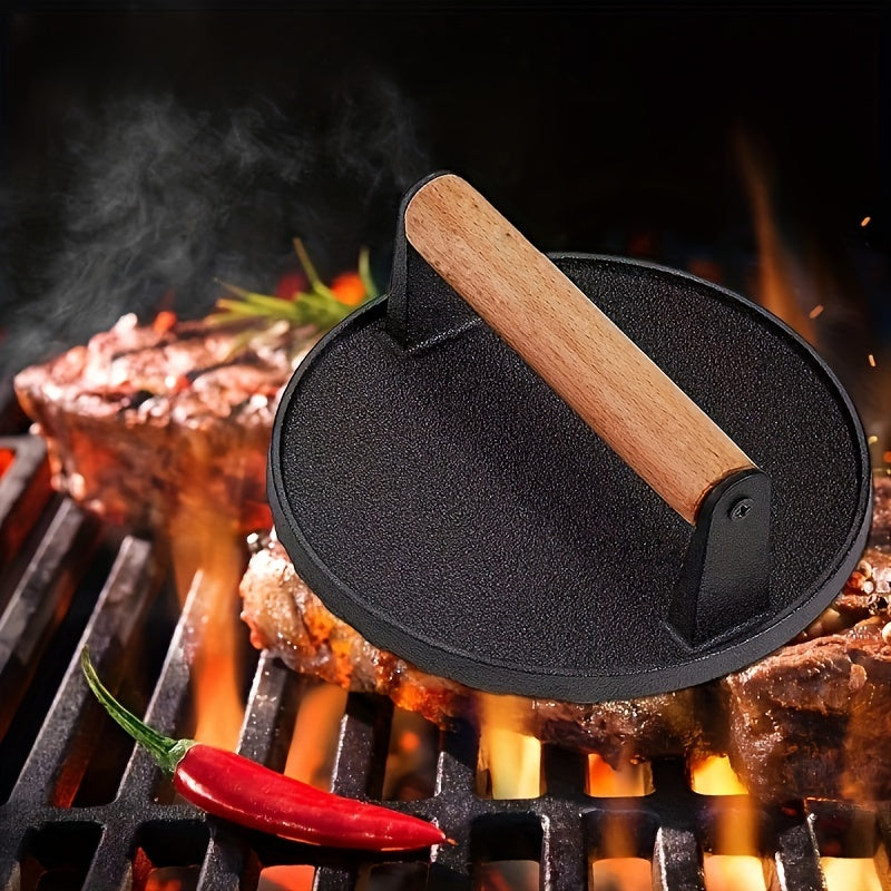 Outdoor Cast Iron Grill Press with Wooden Handle for Bacon Burger Steak