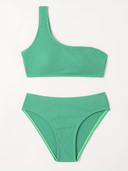 Girl's Solid Bikini Set One Shoulder Tank Top & Briefs