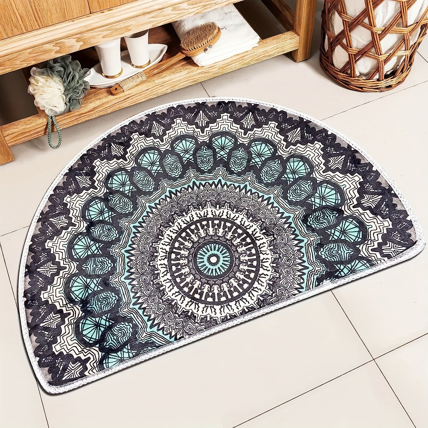 Half Round Door Mat Semi Circle Bathroom Floor Rug Mandala Boho