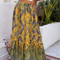 Boho Paisley Print Drawstring Maxi Skirt