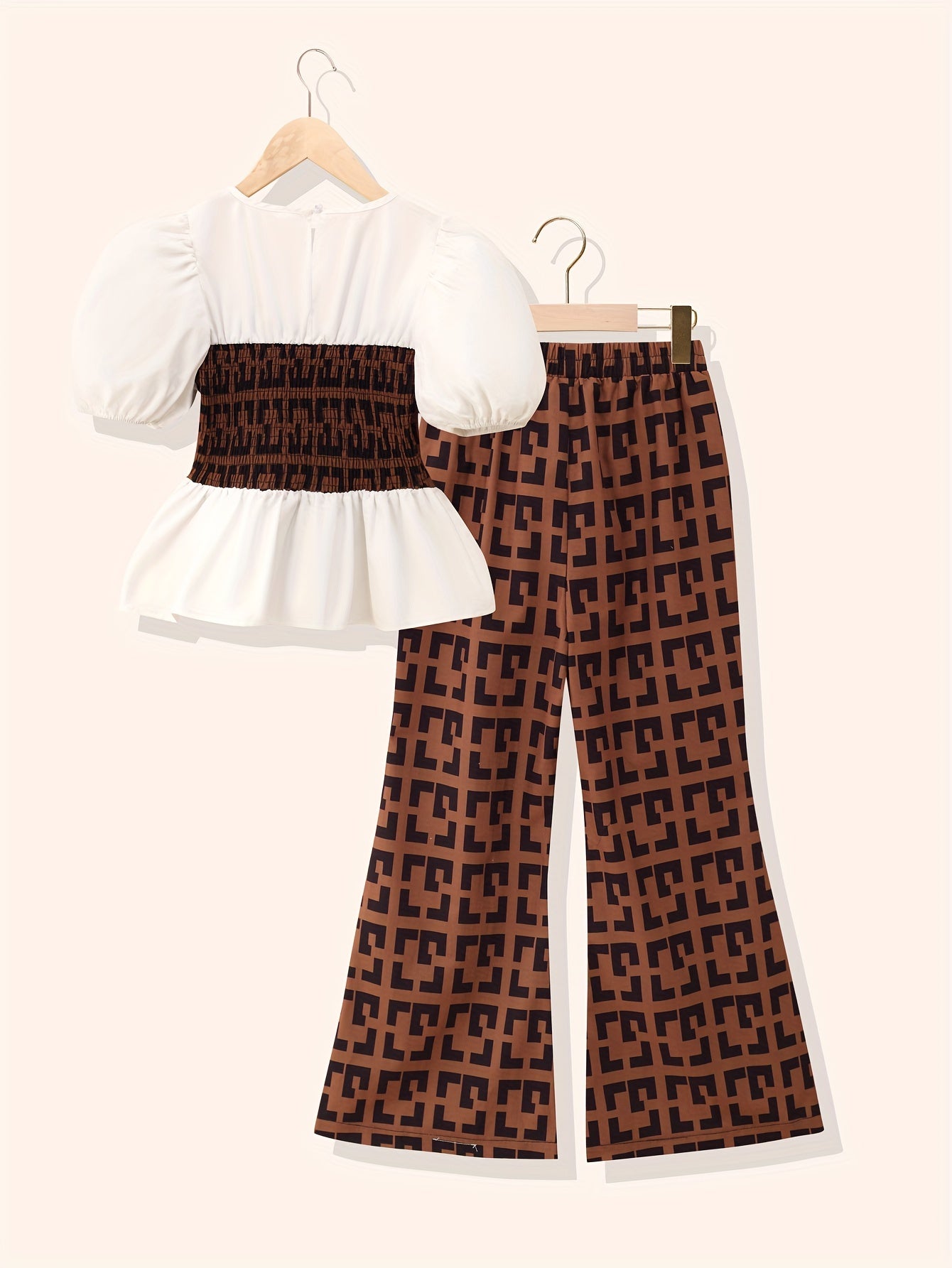 Girl's Geometric Pattern 2pcs Puff Sleeve Shirt & Flared Pants Set
