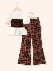 Girl's Geometric Pattern 2pcs Puff Sleeve Shirt & Flared Pants Set
