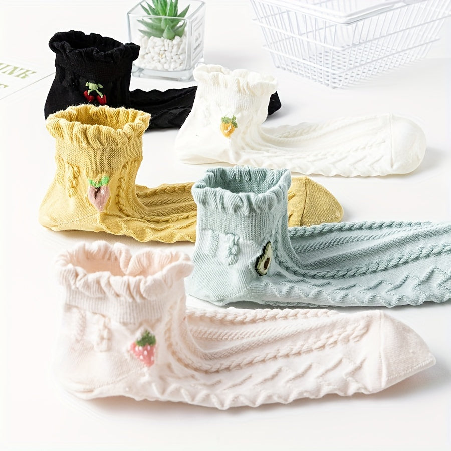 5 Pairs Fruit Print Ruffle Socks for Women