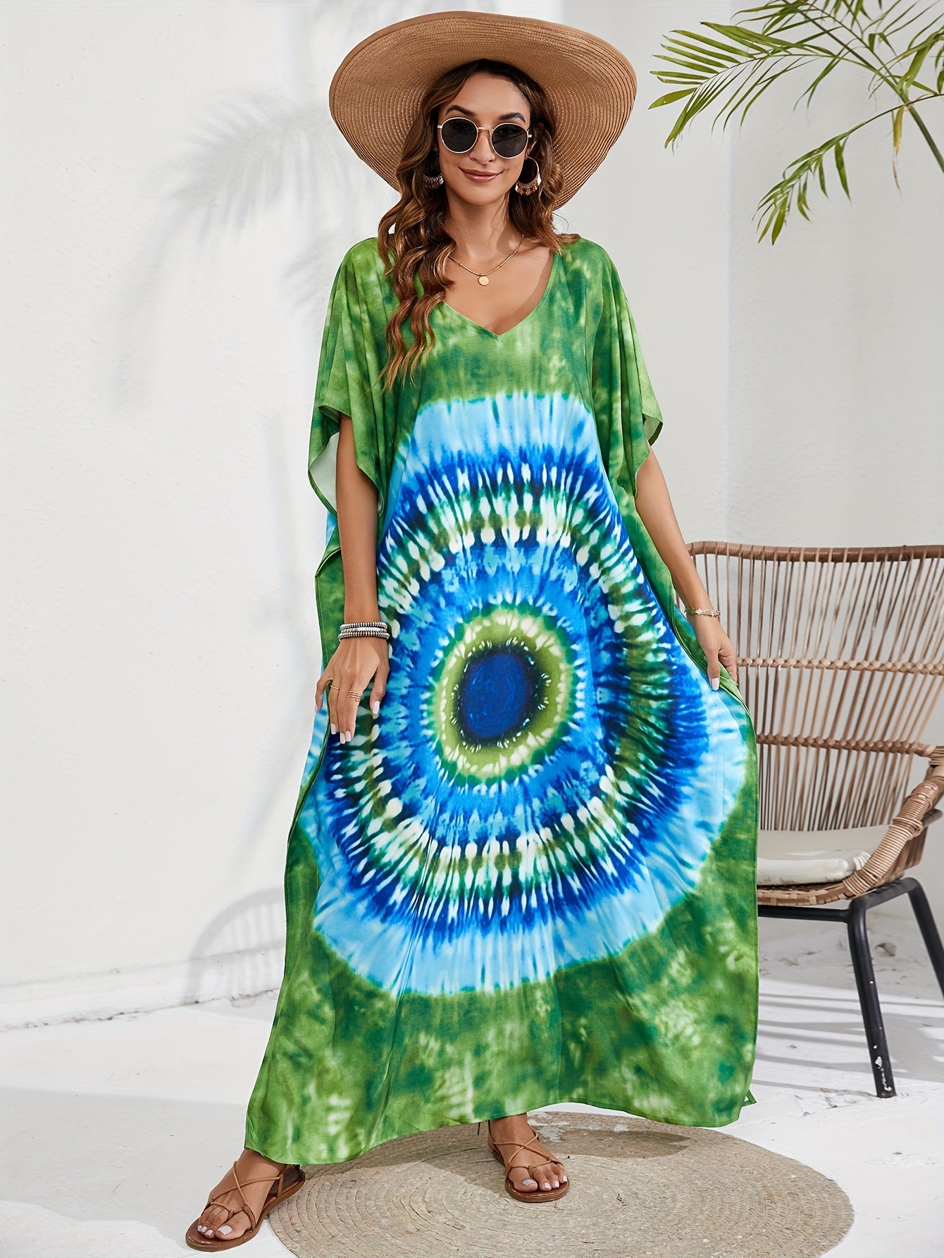 Spiral Tie Dye V Neck Maxi Cover Up