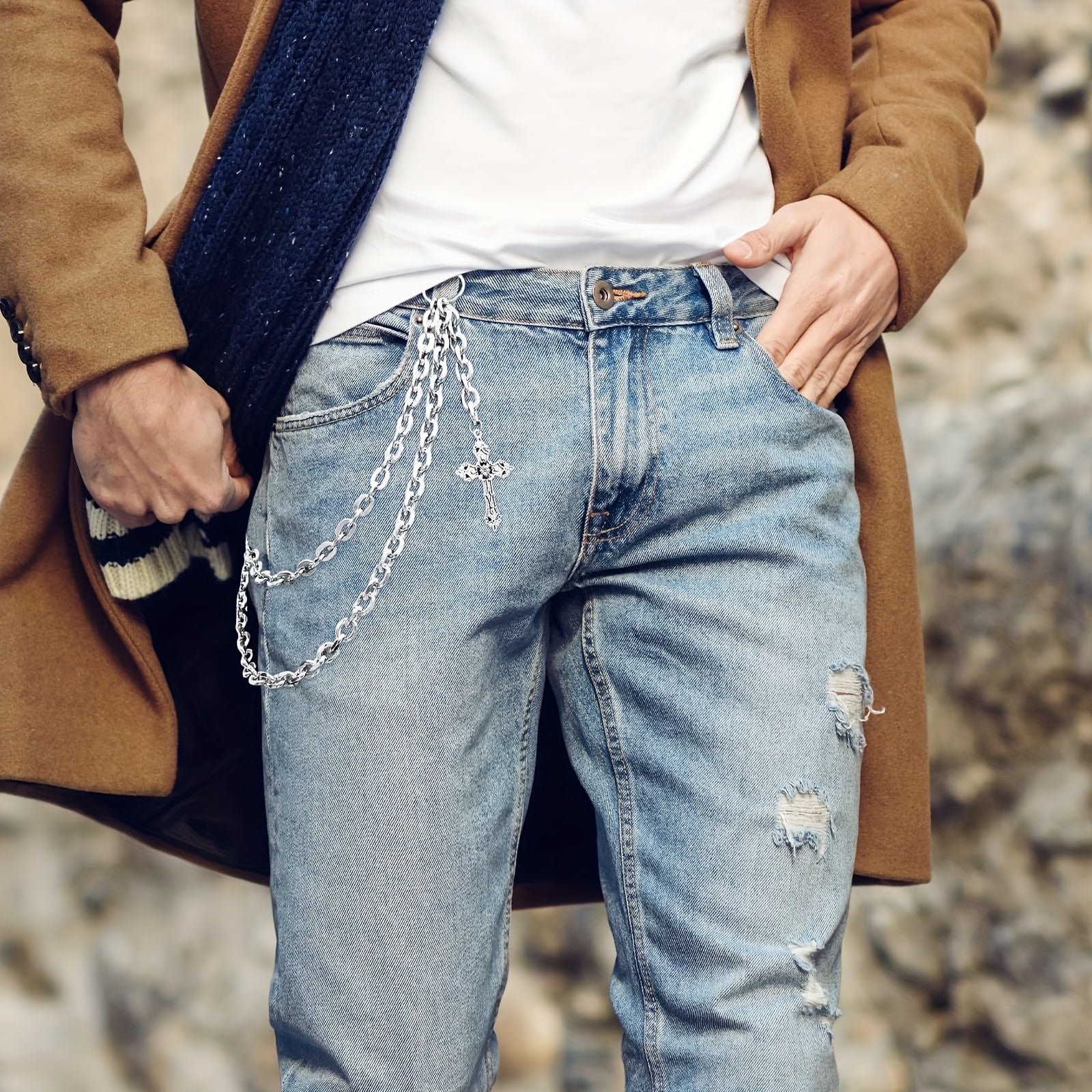 Punk Layered Pants Chain Silvery Heart Cross Rivet Tassel Wallet Chains