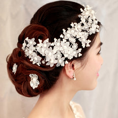 Hand Wired Pearls Crystal Flowers Headband Wedding Tiara