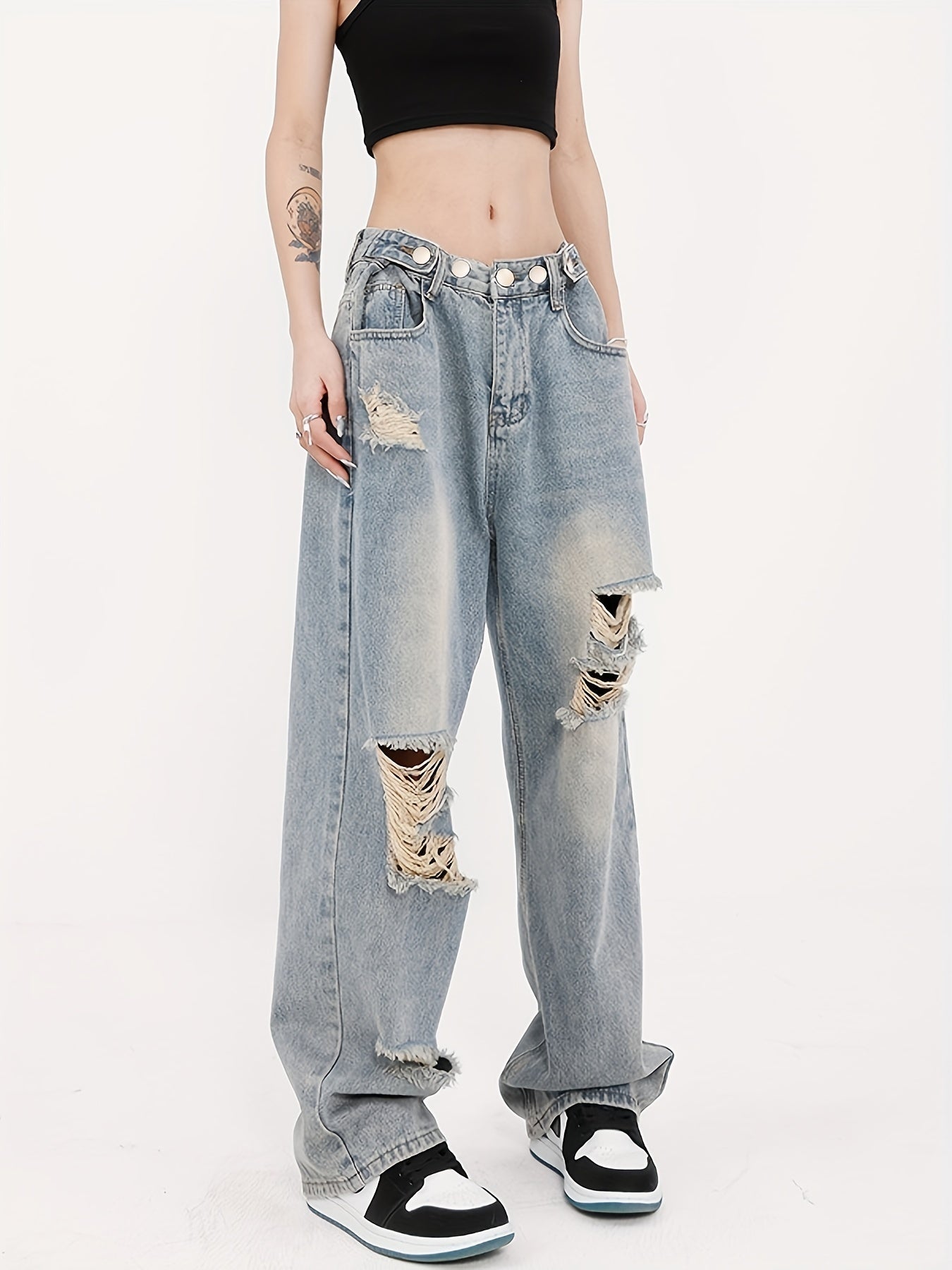 Distressed Straight Jeans Loose Fit Washed Denim Pants