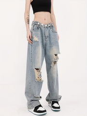 Distressed Straight Jeans Loose Fit Washed Denim Pants