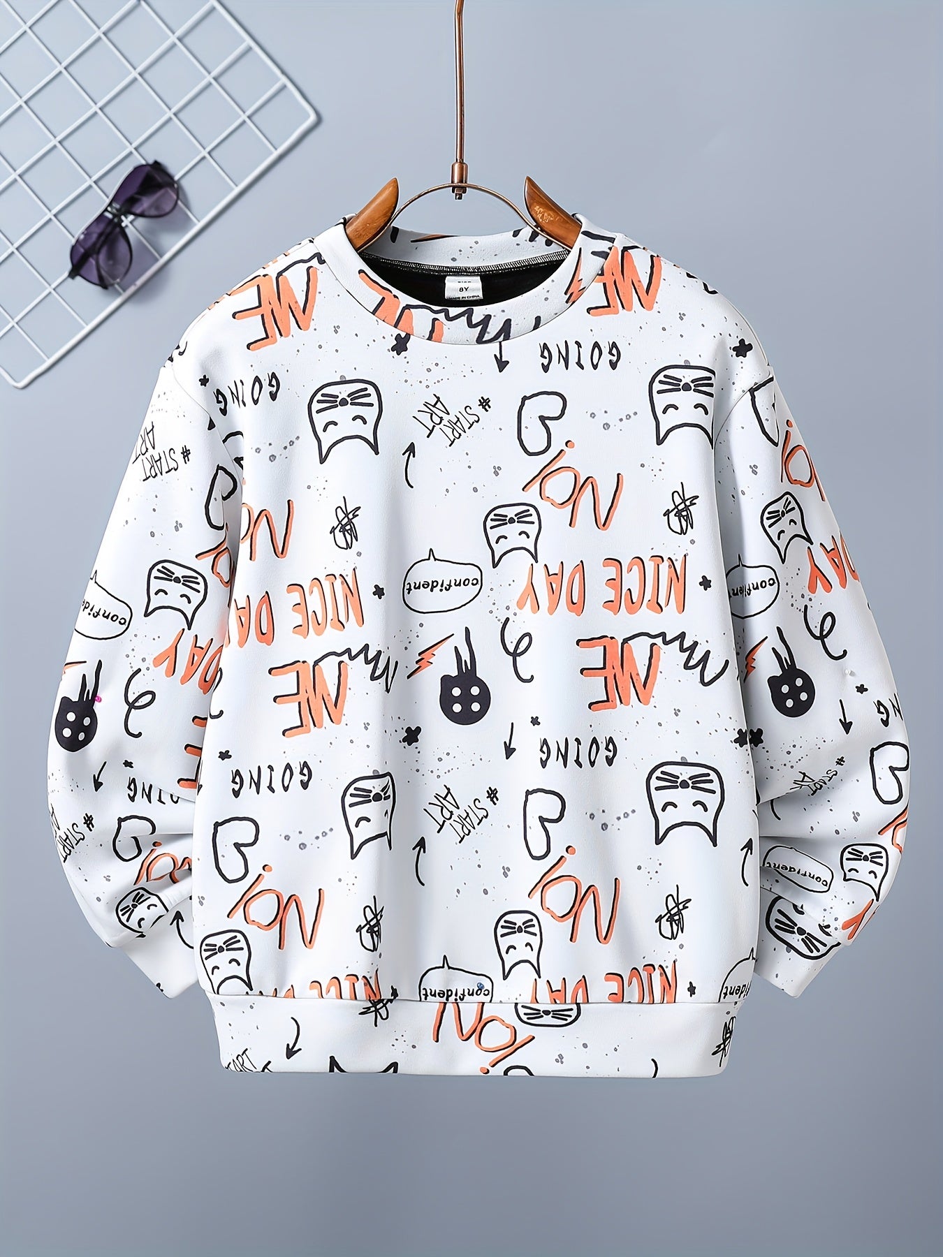 Letter And Cat Boys Full Print Sweatshirt Crew Neck Tops