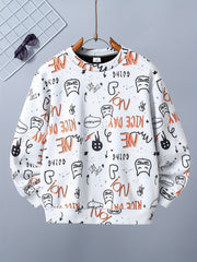 Letter And Cat Boys Full Print Sweatshirt Crew Neck Tops
