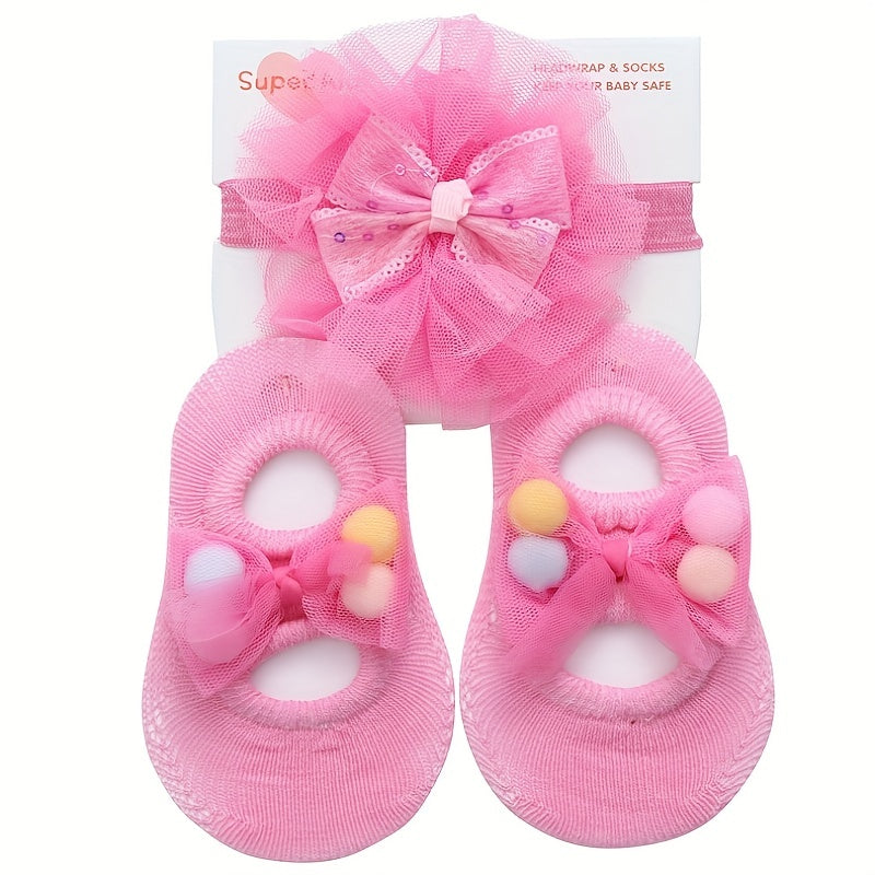 2pcs Baby Girls Mesh Floor Socks & Headband Set Non Slip Breathable Comfortable