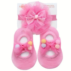2pcs Baby Girls Mesh Floor Socks & Headband Set Non Slip Breathable Comfortable