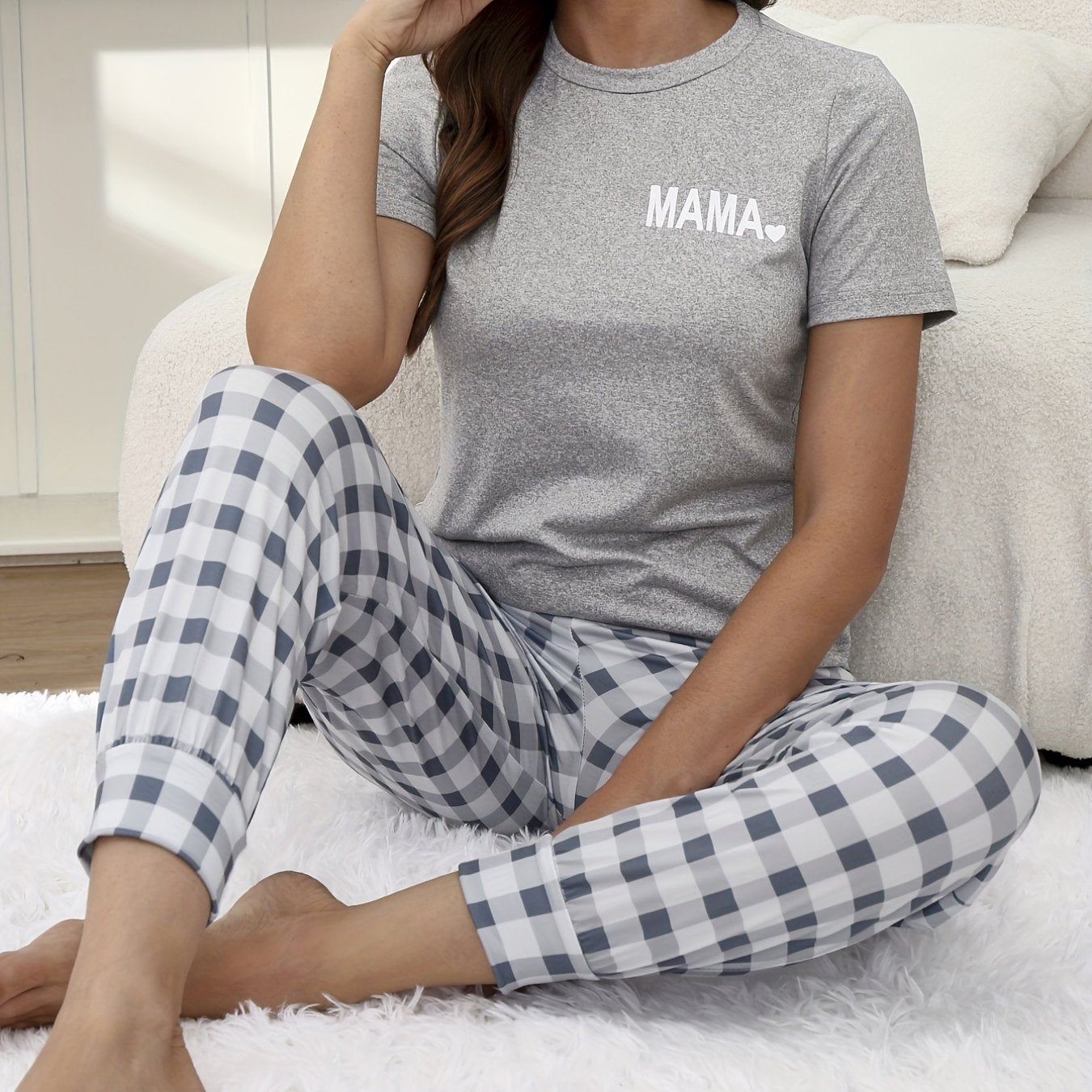 Letter Print Lounge Set Top & Plaid Pants Women's Loungewear