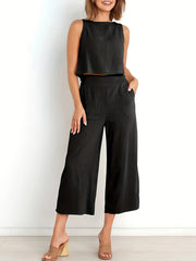 Casual Solid Two piece Set Sleeveless Top & Wide Leg Pants Outfits