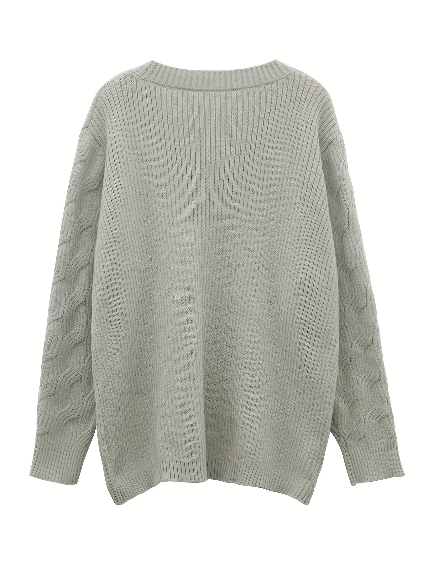 Solid Cable Long Sleeve Sweater V Neck Jumper