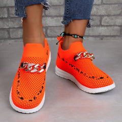 Sporty Walking Shoes Chain Decor Mesh Slip On Sneakers Women's Footwear