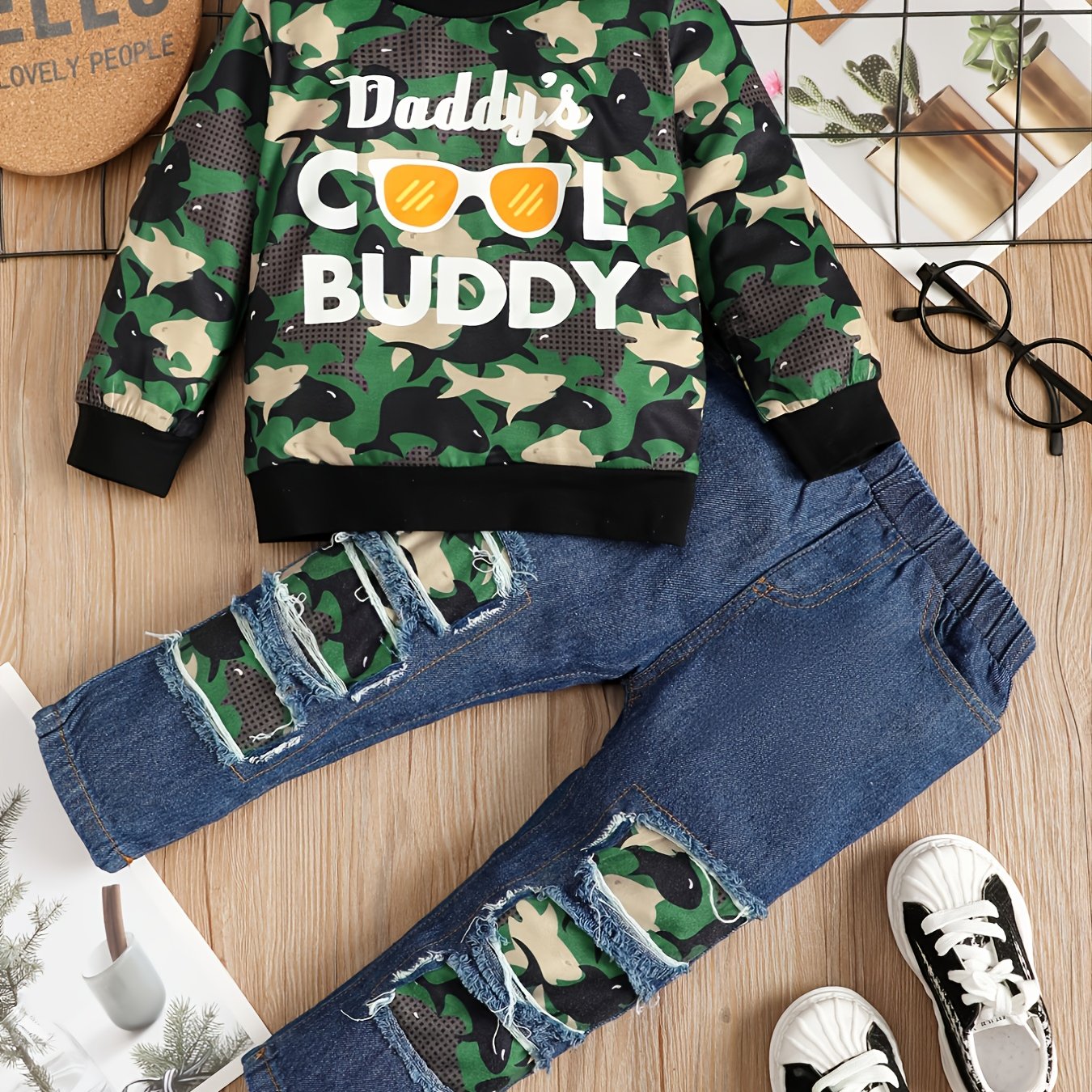 Boys Daddy's BUDDY Print Camouflage Long Sleeve Sweatshirt & Ripped Jeans Set