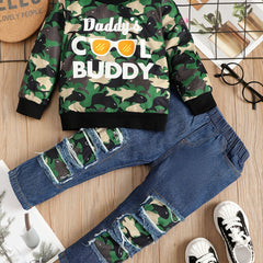 Boys Daddy's BUDDY Print Camouflage Long Sleeve Sweatshirt & Ripped Jeans Set