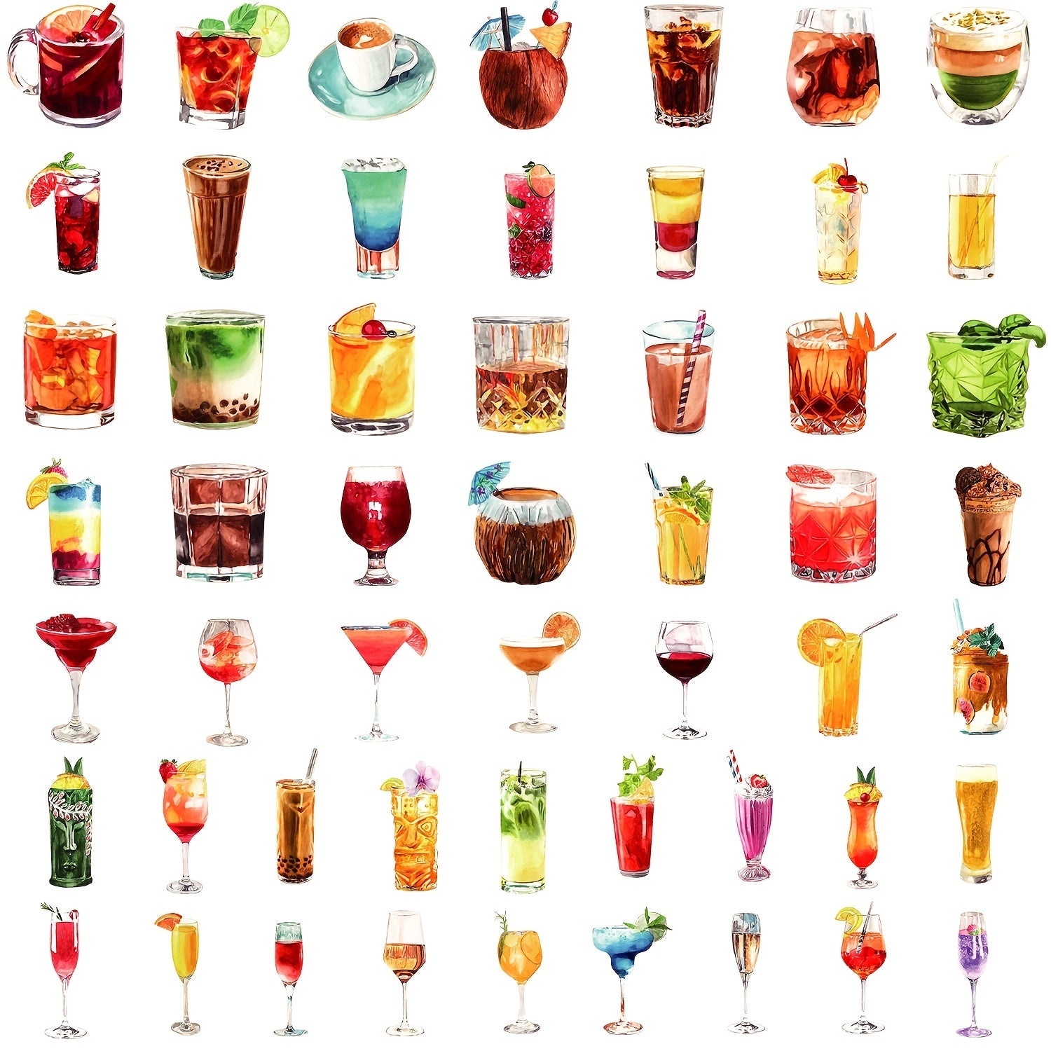 50pcs Watercolor Cocktail Sticker Pack Waterproof Vinyl Graffiti Decals