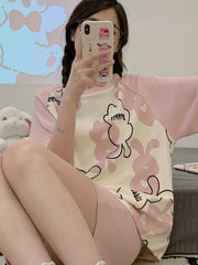 Bunny Print Pajama Set Short Sleeve Top & Shorts Women's Sleepwear