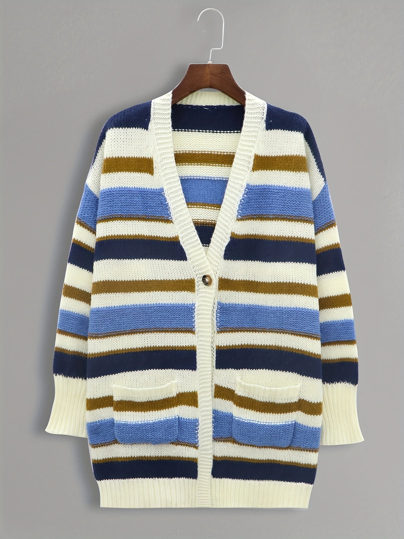 Casual Cardigan Women's Plus Stripe Print Button Up Long Sleeve