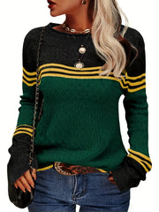 Block Boat Neck Knitted Top Long Sleeve Pullover Sweater