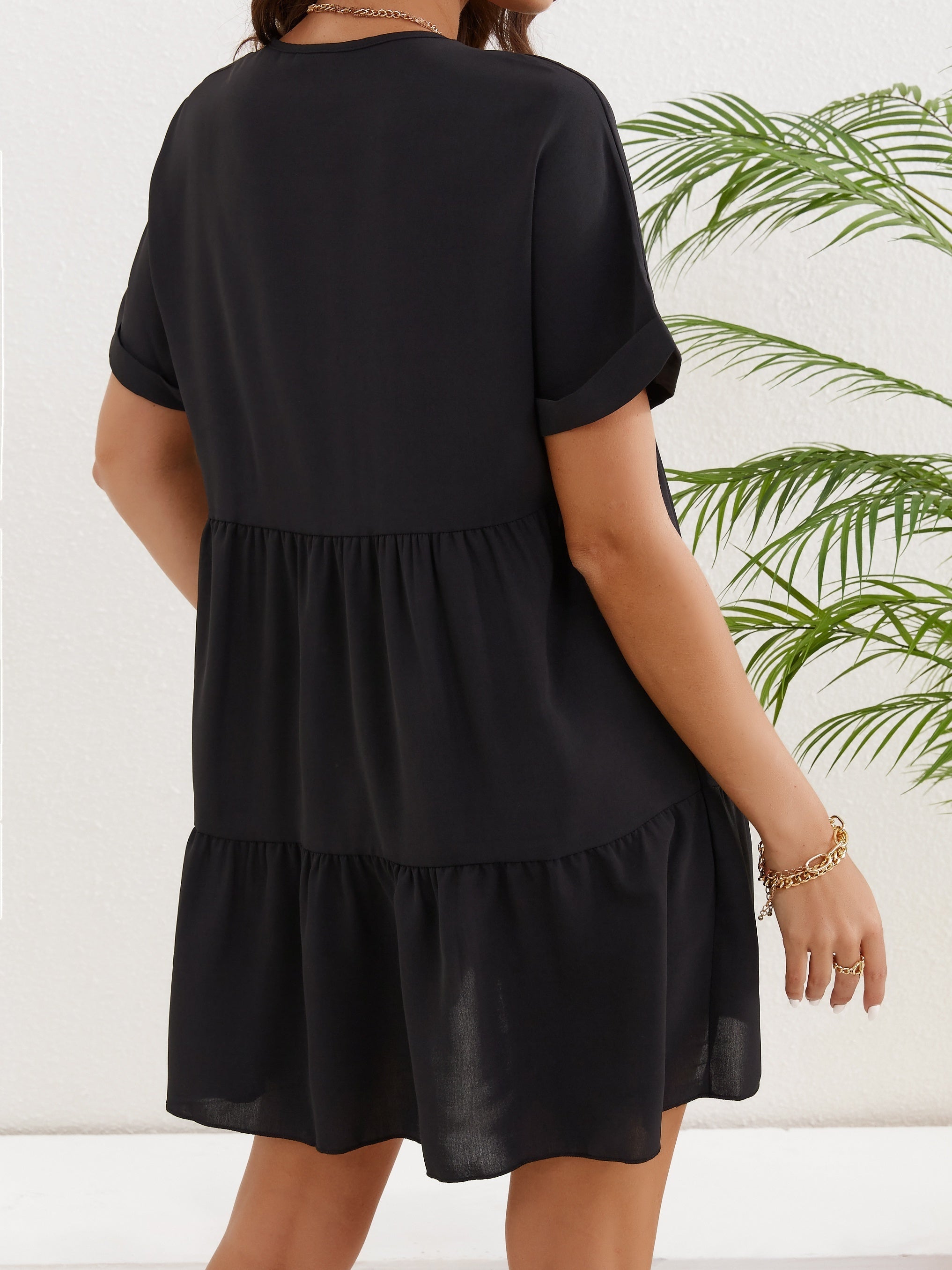 Ruched V Neck Dress Short Sleeve Casual Dress