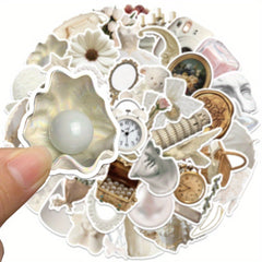 50pcs Vintage Romantic Cartoon Stickers with Floral Clocks Pearls & Statu