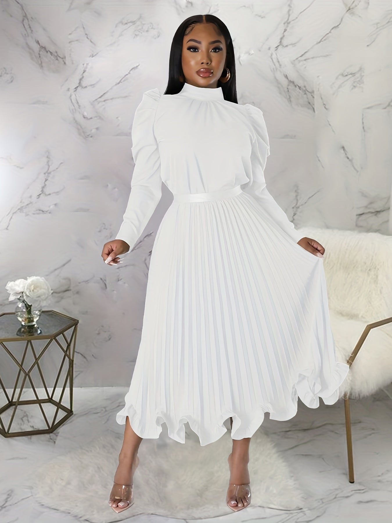 Puff Sleeve Top & Pleated Skirt Set Women's Outfit