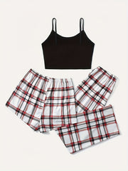 Plaid Print Lounge Set Cami Top & Shorts & Pants
