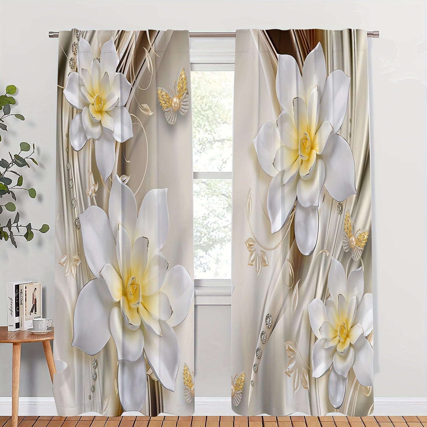 2pcs Flower Crystal Printed Window Curtain Home Decoration