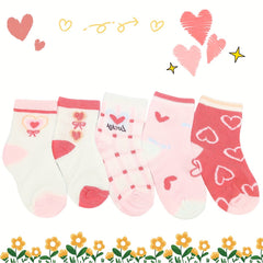 5 Pairs Girl's Cartoon Love Heart Knitted Crew Socks