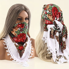Vintage Print Square Scarf 27.5 Fringed Headband Sunscreen Warm Shawl
