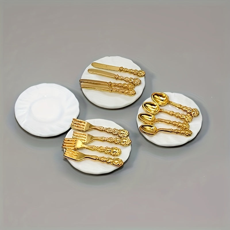 1:12 Dollhouse Plates & 16 Metal Cutlery - Porcelain Plate Set Decoration