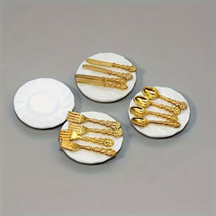 1:12 Dollhouse Plates & 16 Metal Cutlery - Porcelain Plate Set Decoration
