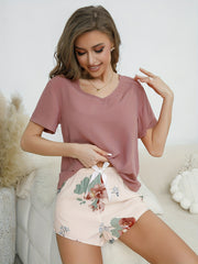 Floral Print Pajamas Set V Neck Top & Bow Shorts