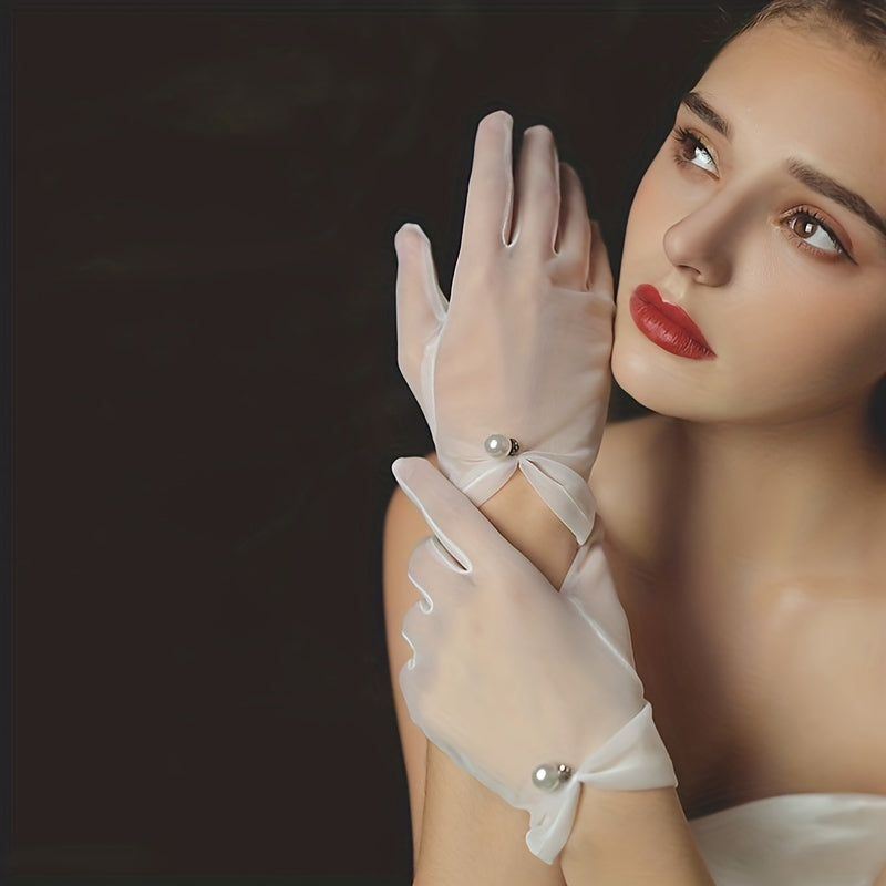 Faux Pearl Mesh Full Finger Wedding Gloves
