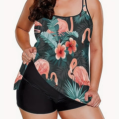 Vacay Tankini Set Tropical Print Round Neck Cami Top & Shorts Swimsuit