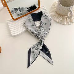 Flower Print Skinny Scarf Double Side Long Ribbon Neckerchief Satin Twilly Scarf
