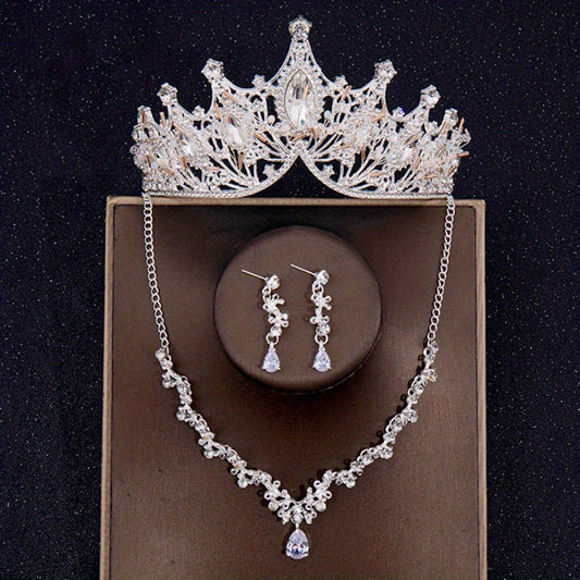 Baroque Crystal Bridal Head Jewelry Set - Tiara Crown Earring Necklace