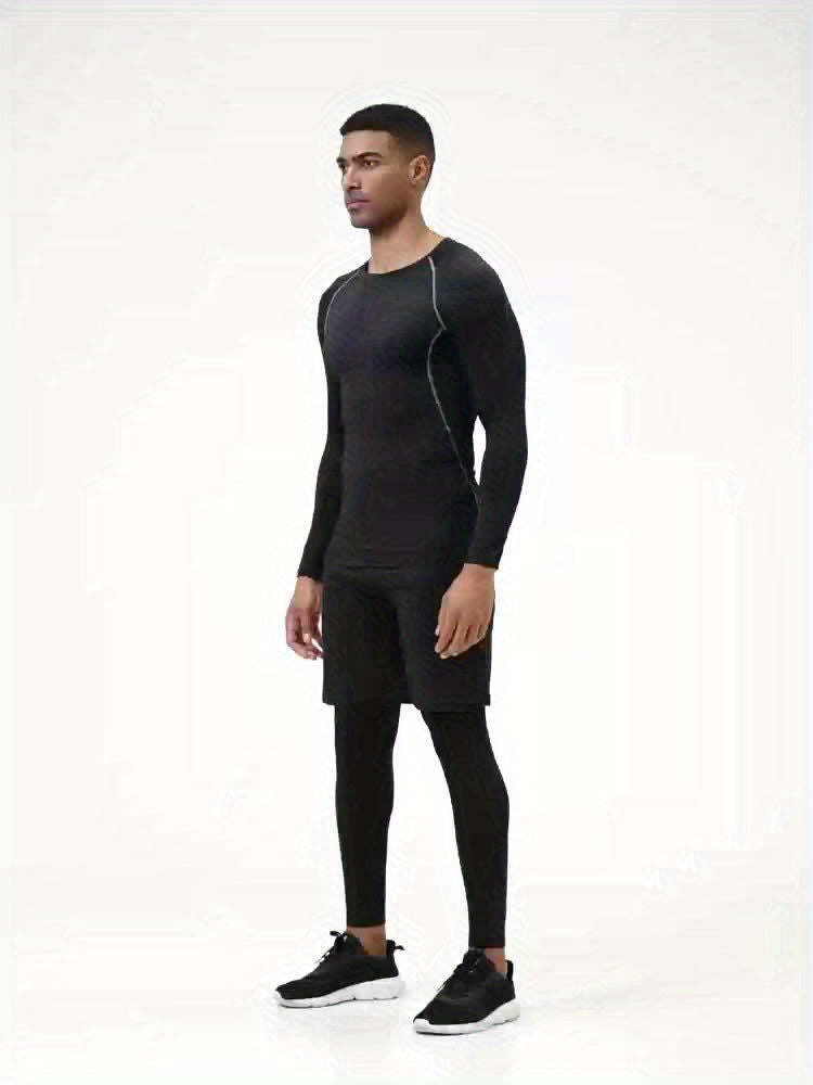 Men's Stretch Slim Fit Gym Outfit Set Long Sleeve T shirt And Shorts Legging Set