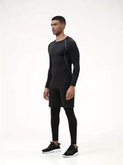 Men's Stretch Slim Fit Gym Outfit Set Long Sleeve T shirt And Shorts Legging Set